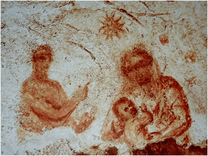 Figure 1: Fresco of the Virgin Mary in the Catacombs of Priscilla. Source.