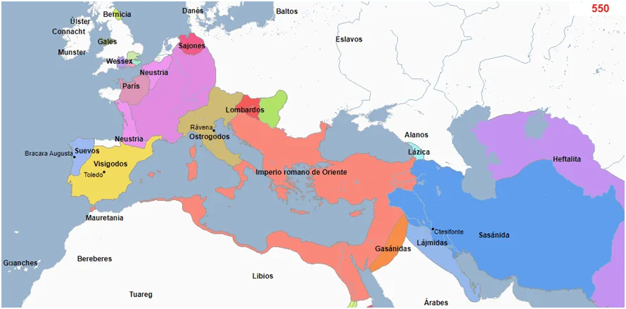 Figure 2: Map showing the Eastern Roman Empire in the mid-6th century. Source.