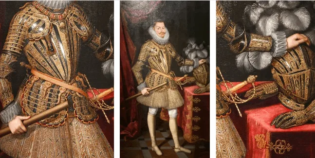 Figura 1. a) Detalle de la armadura en la cuál se observa el collar del Toisón de Oro y la indumentaria militar del rey. b) Retrato de Felipe III realizado por Bartolomé González (1621). c) Detalle del casco y los guantes pertenecientes a la armadura militar. Fuente: La autora.