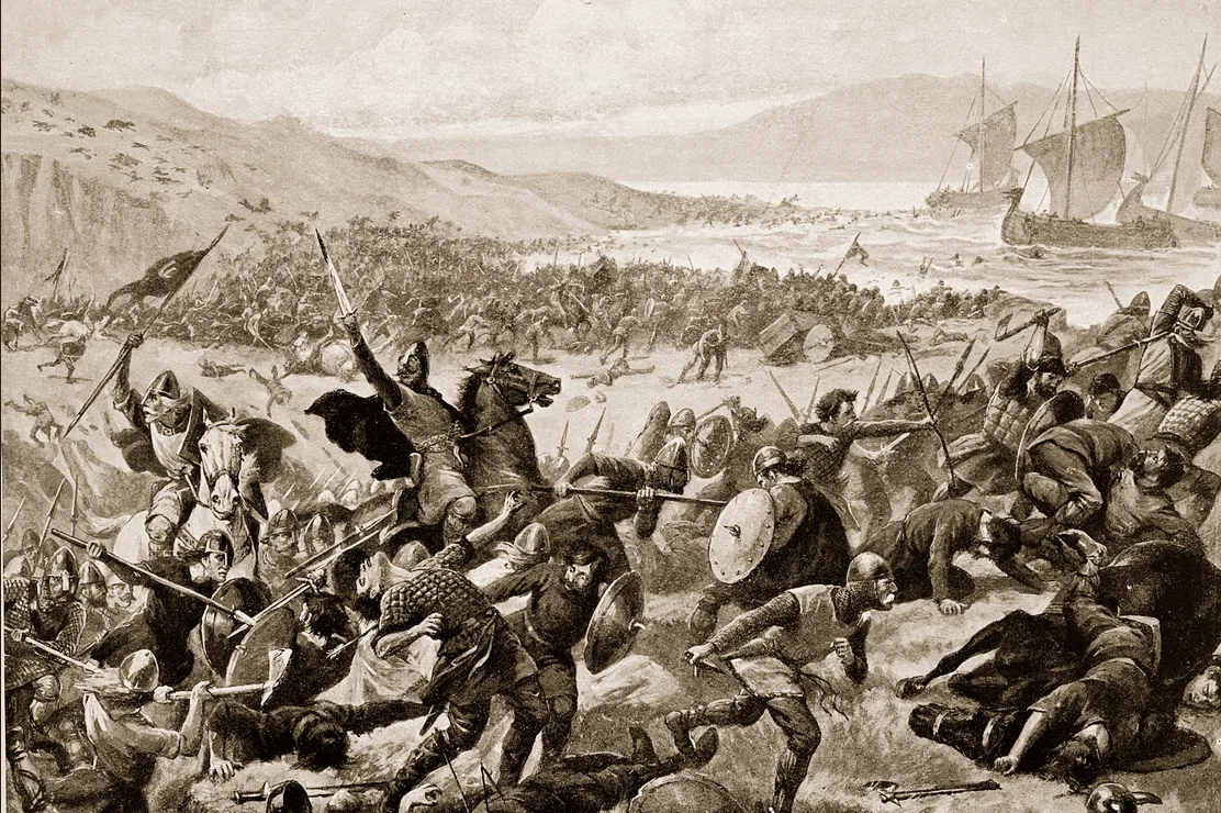 The Battle of Brunanburh was a crucial moment in the formation of the Kingdom of England. A slightly anachronistic but very dramatic illustration by Alfred Pearse, 1923. (via National Geographic)
